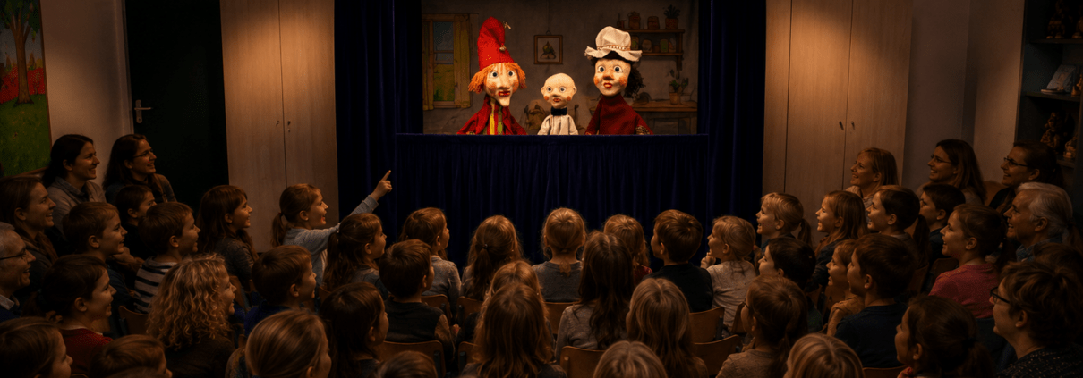 Jan met Katrijn en baby in poppenkast