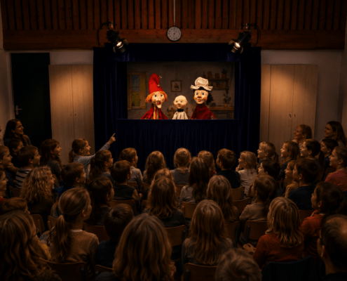 Jan met Katrijn en baby in poppenkast